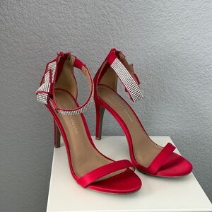 Christian Siriano Red Satin Heels with Rhinestone Buckle